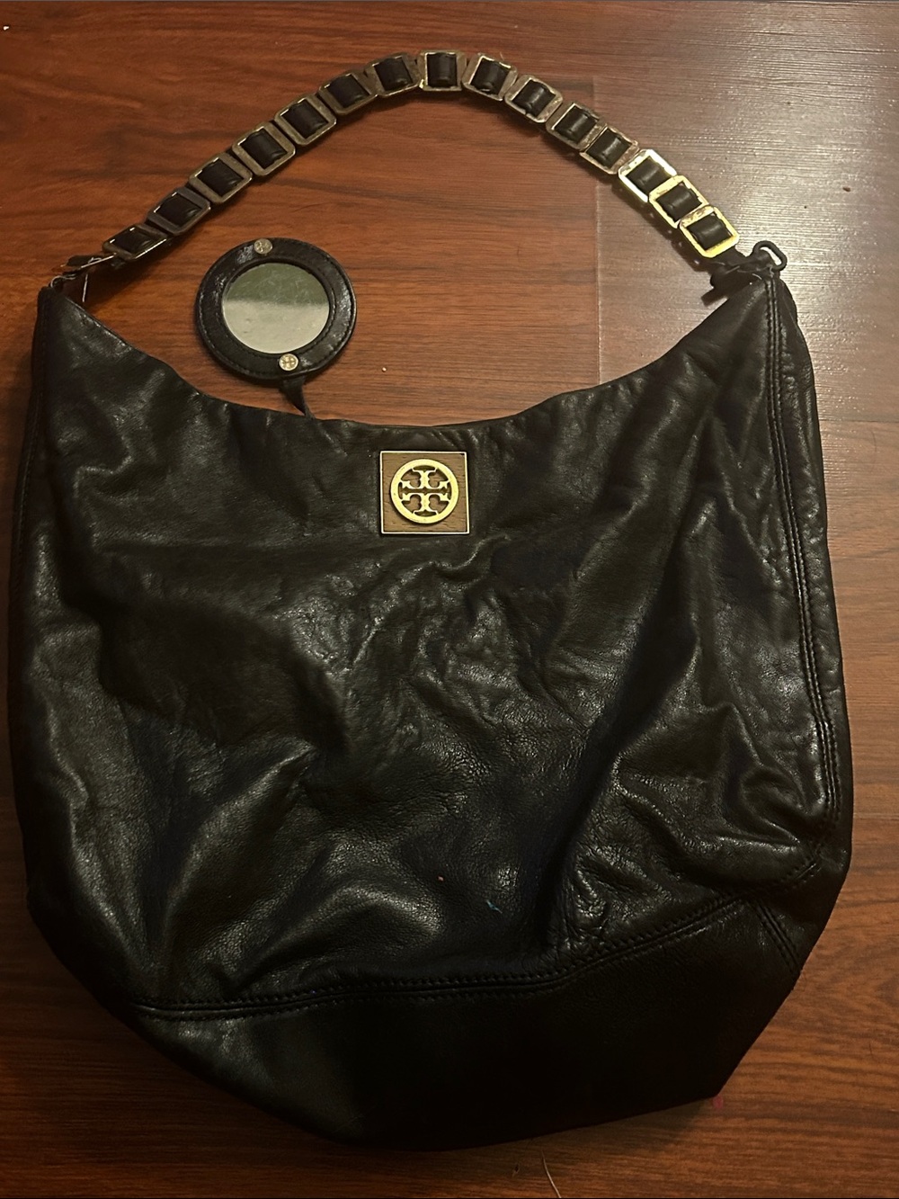 VTG Y2K Tory Burch Black Slouchy Leather Hobo Bag w Tortoiseshell Resin Chain